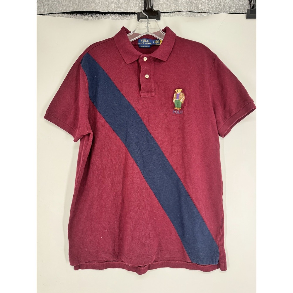 Polo Ralph Lauren Bear Polo Shirt Rugby Maroon Striped Graphic Short Sleeve Larg